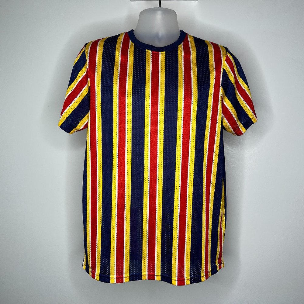 Men's red yellow blue and white striped / pinstripe mesh T-shirt-